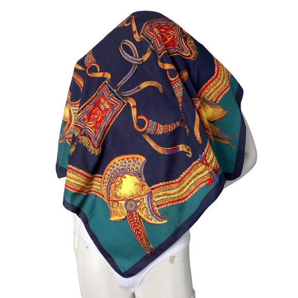 Vintage Roman Spartan Helmet Scarf Neck Hair Tie Scarf Navy Teal Yellow Red - Picture 7 of 7